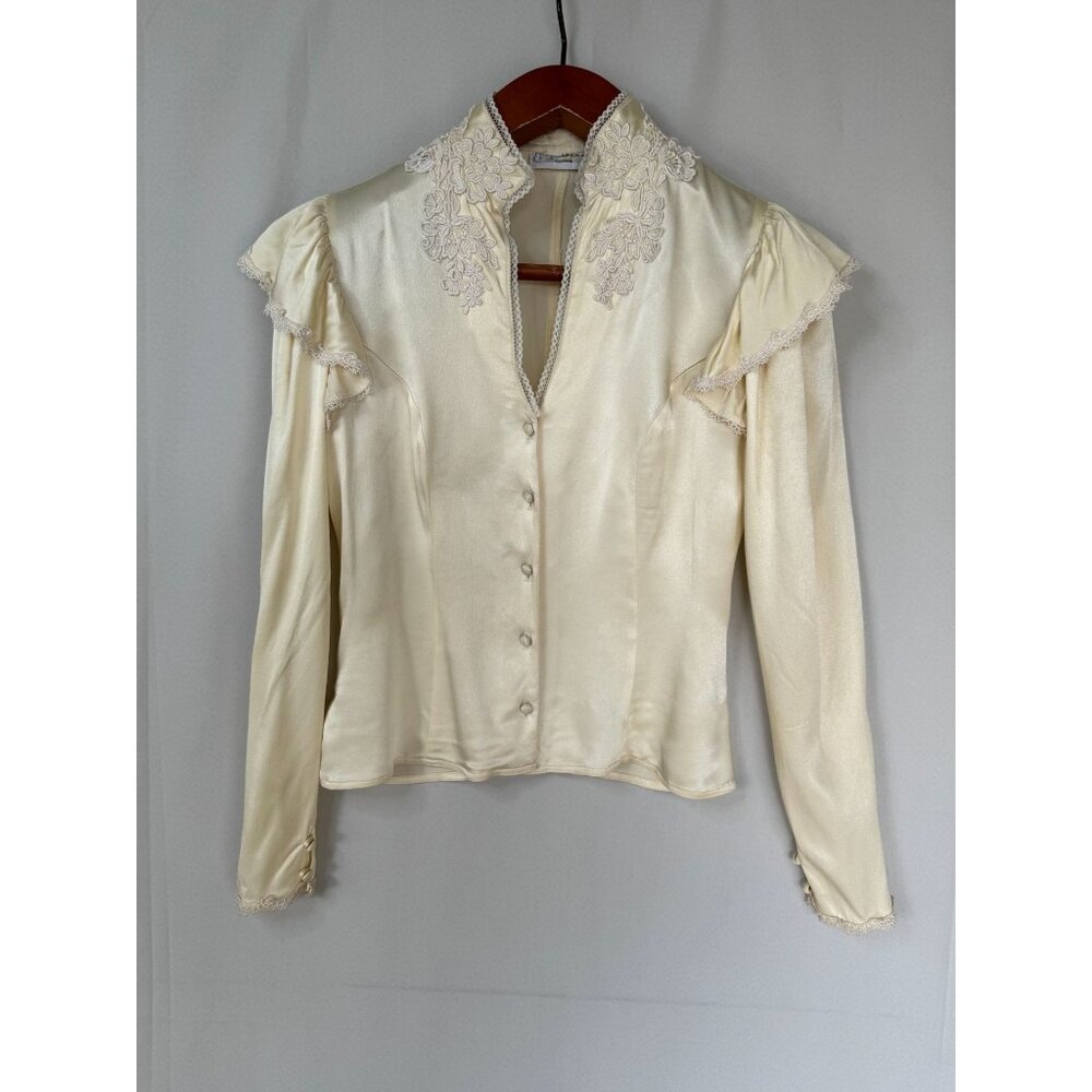 Jessica McClintock Ivory Satin Blouse with Embroidered Collar